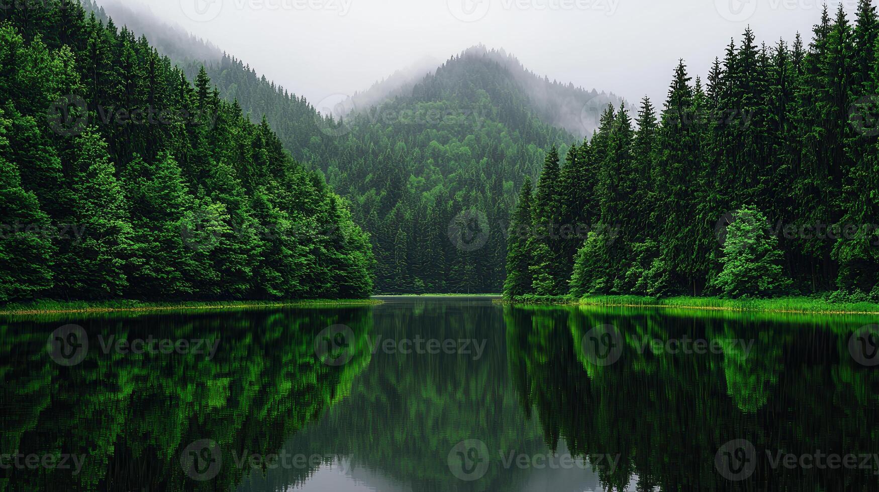 Serene Mountain Lake Reflected in Still Waters Lush Evergreen Forest Landscape photo