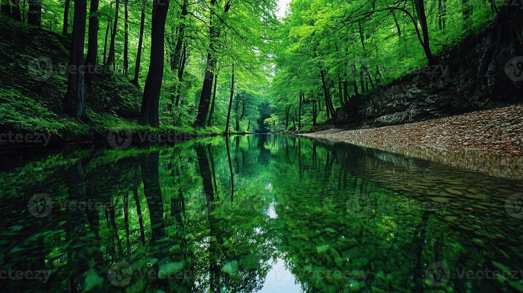 Serene Green Forest River Reflection Tranquil Nature Scene with Crystal Clear Water and Lush Foliage photo