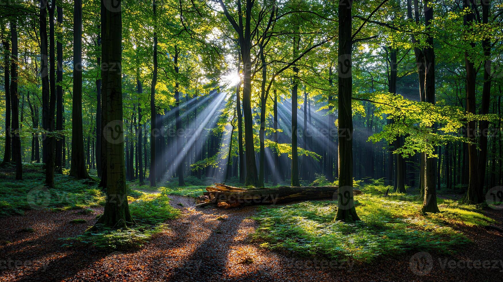 Sunbeams Illuminate Lush Green Forest Path Tranquil Nature Scene Sunlight Through Trees photo