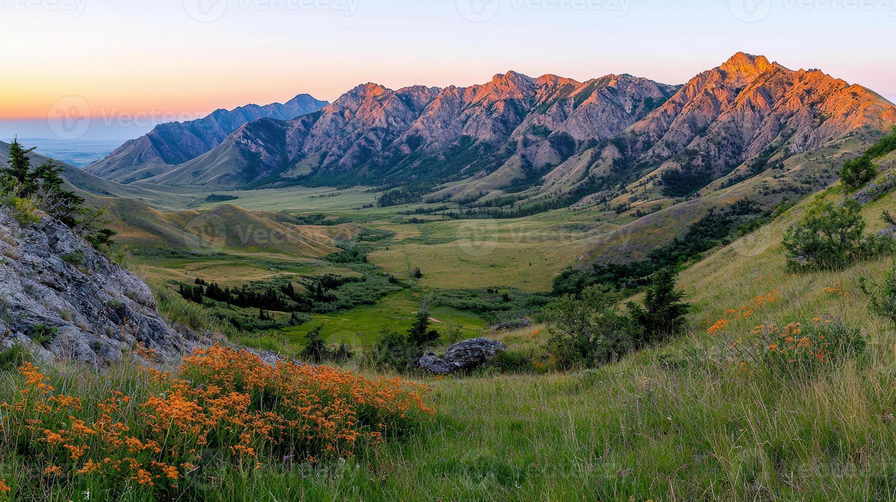 Majestic Sunrise Mountain Range Panorama Wildflowers Grassland Valley photo