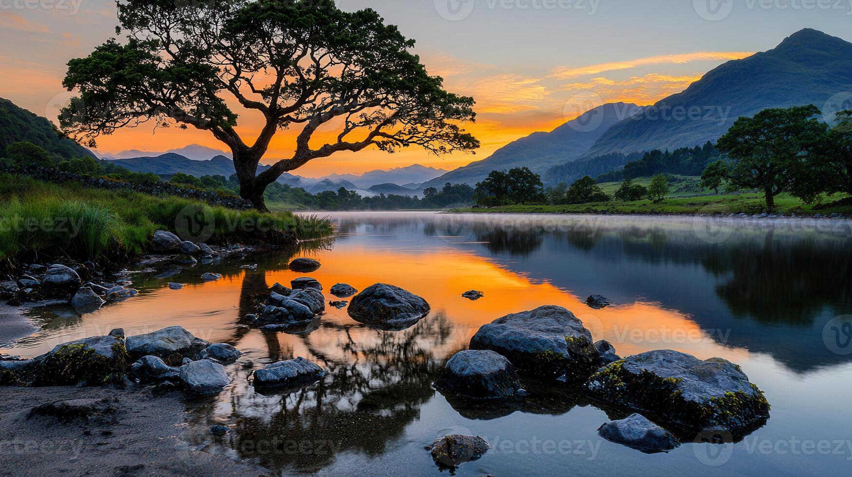 Serene Sunset Landscape Majestic Mountains Tranquil Lake and a Solitary Tree photo