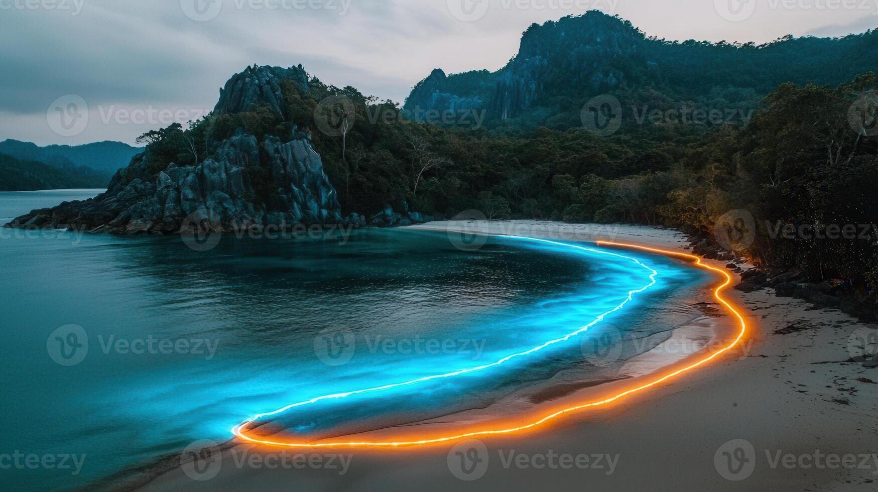 Serene Beach Cove at Dusk with Glowing Light Trails in Ocean and Sand photo