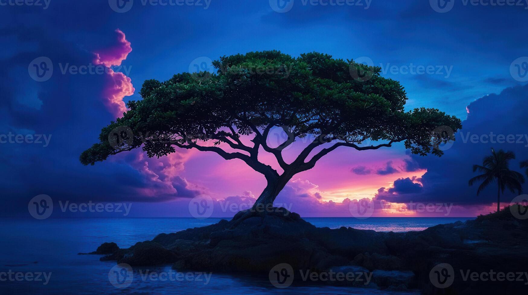 Serene Sunset Seascape Majestic Tree Silhouette at Twilight on Ocean Shore photo