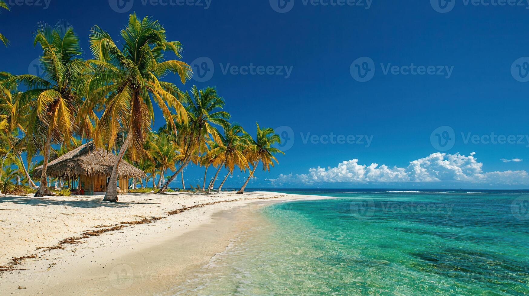 Idyllic Tropical Beach Scene Palm Trees Thatch Hut Turquoise Water White Sand photo