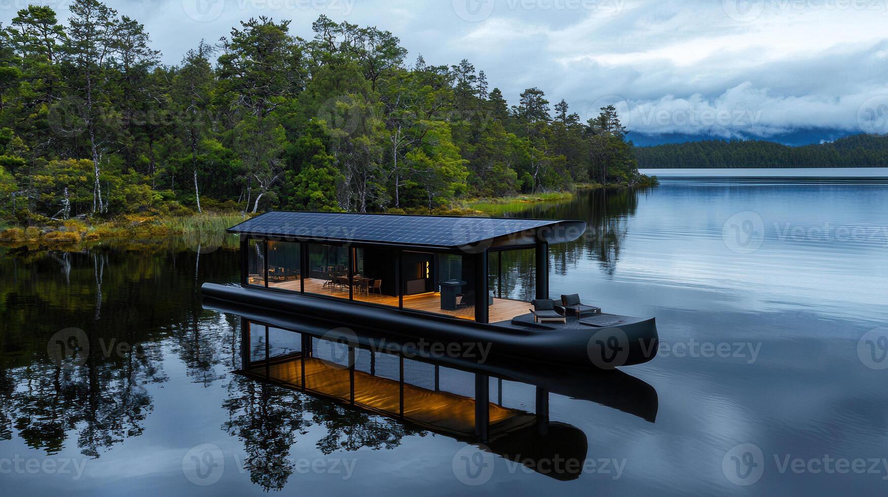 Modern Solar Powered Floating Cabin on Serene Lake at Dusk Lakeside Getaway photo