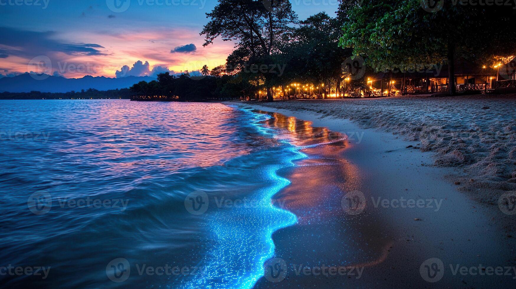 Magical Bioluminescent Waves on Tropical Beach at Sunset Illuminated Shore photo