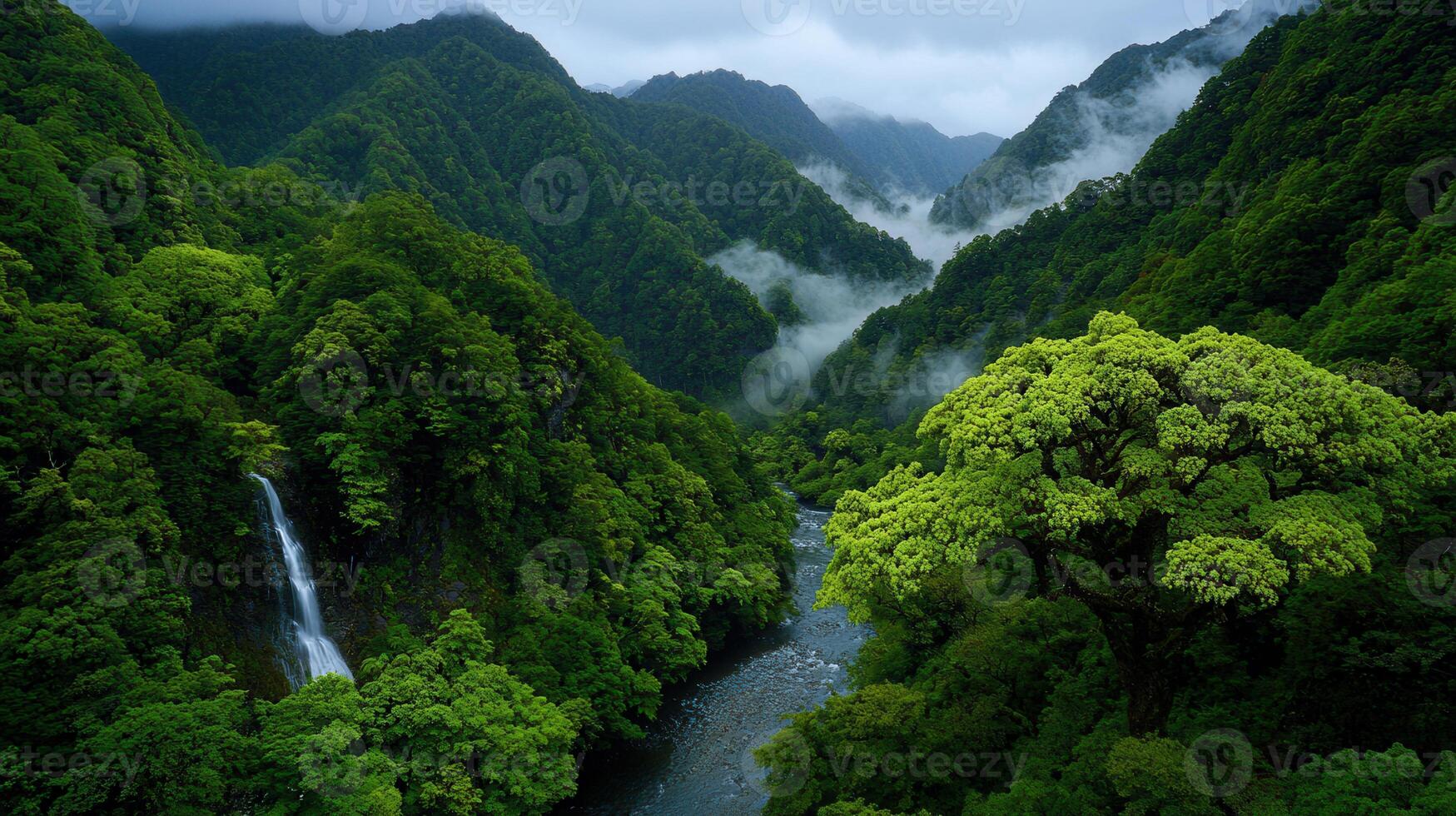 Lush Green Mountain Valley Landscape with Waterfall and River Tranquil Nature Scene photo