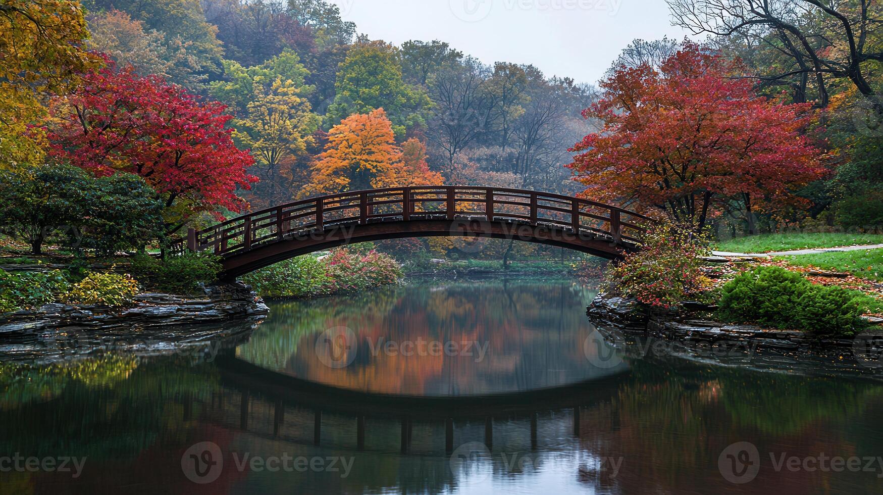 Serene Autumn Scene Wooden Bridge Reflecting in Calm Pond Vibrant Fall Foliage photo