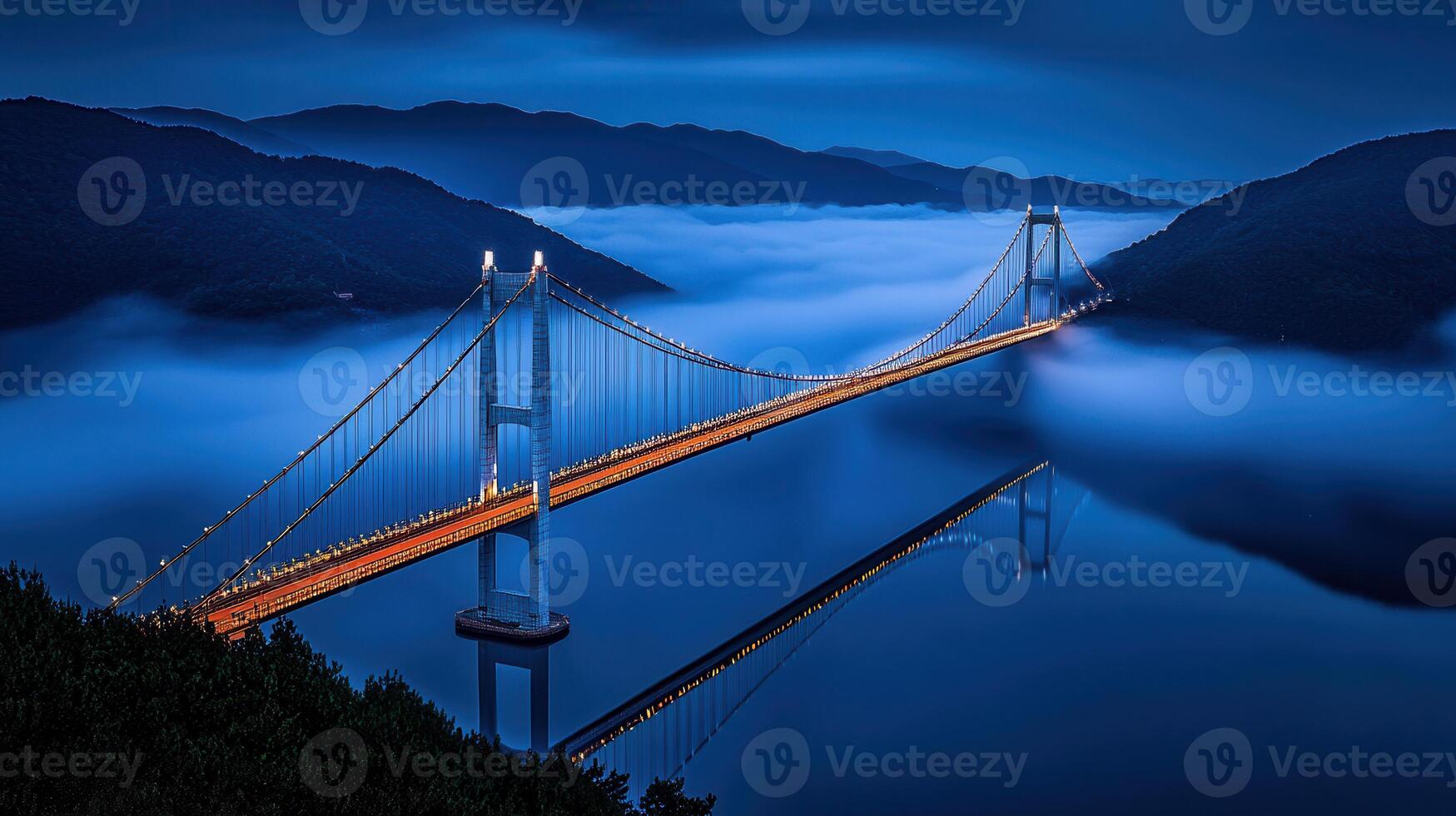 Majestic Suspension Bridge at Dusk Foggy Mountains Serene Landscape photo