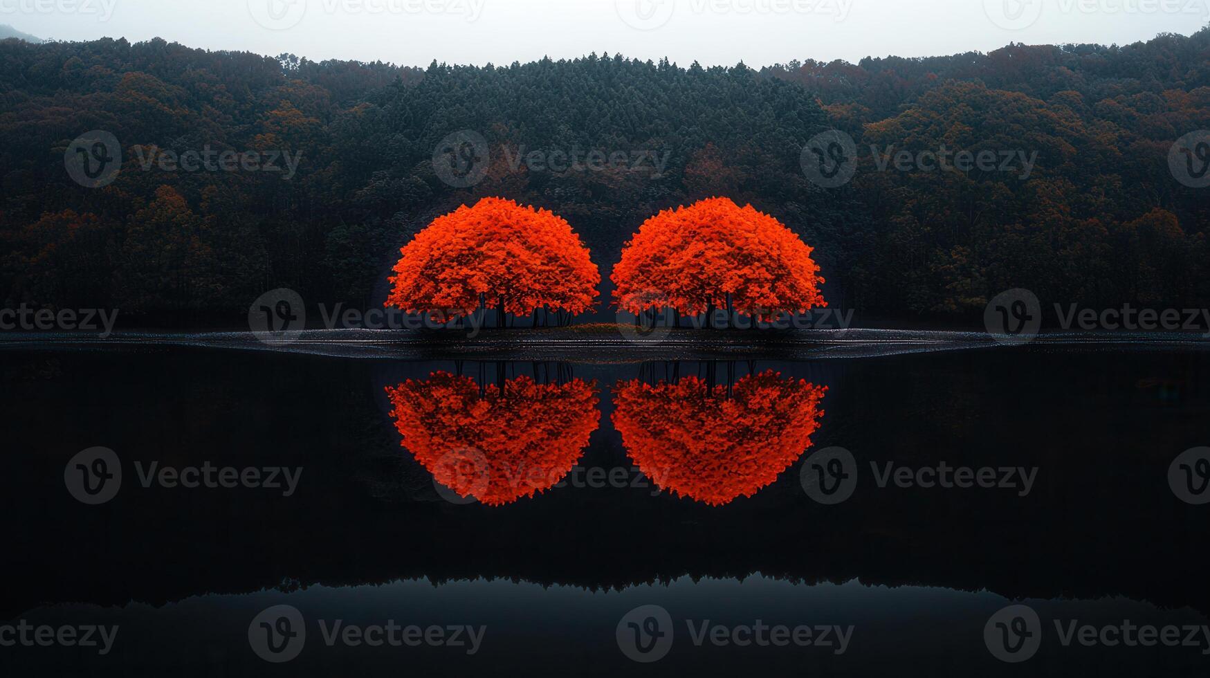 Stunning Autumnal Reflection Two Vibrant Red Maple Trees Mirrored in a Serene Lake photo