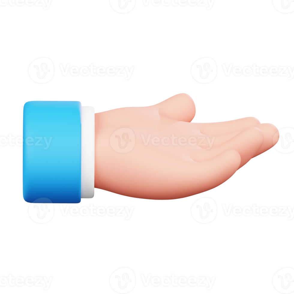 Palm up hand isolated. Human hand gesture cartoon icon. 3D Illustration. png