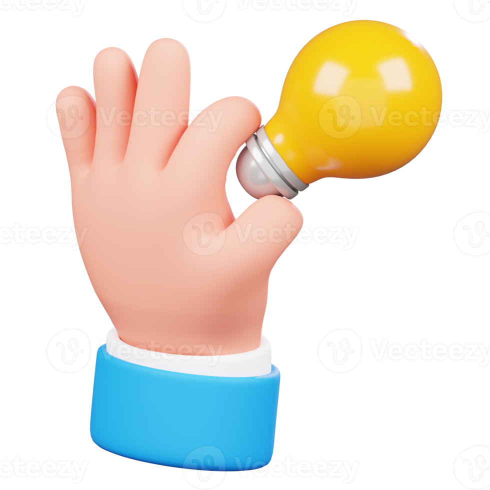 Hand holding lightbulb isolated. Human hand gesture cartoon icon. 3D Illustration. png