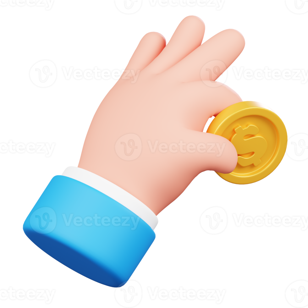 Hand hold golden gold coin isolated. Human hand gesture cartoon icon. 3D Illustration. png