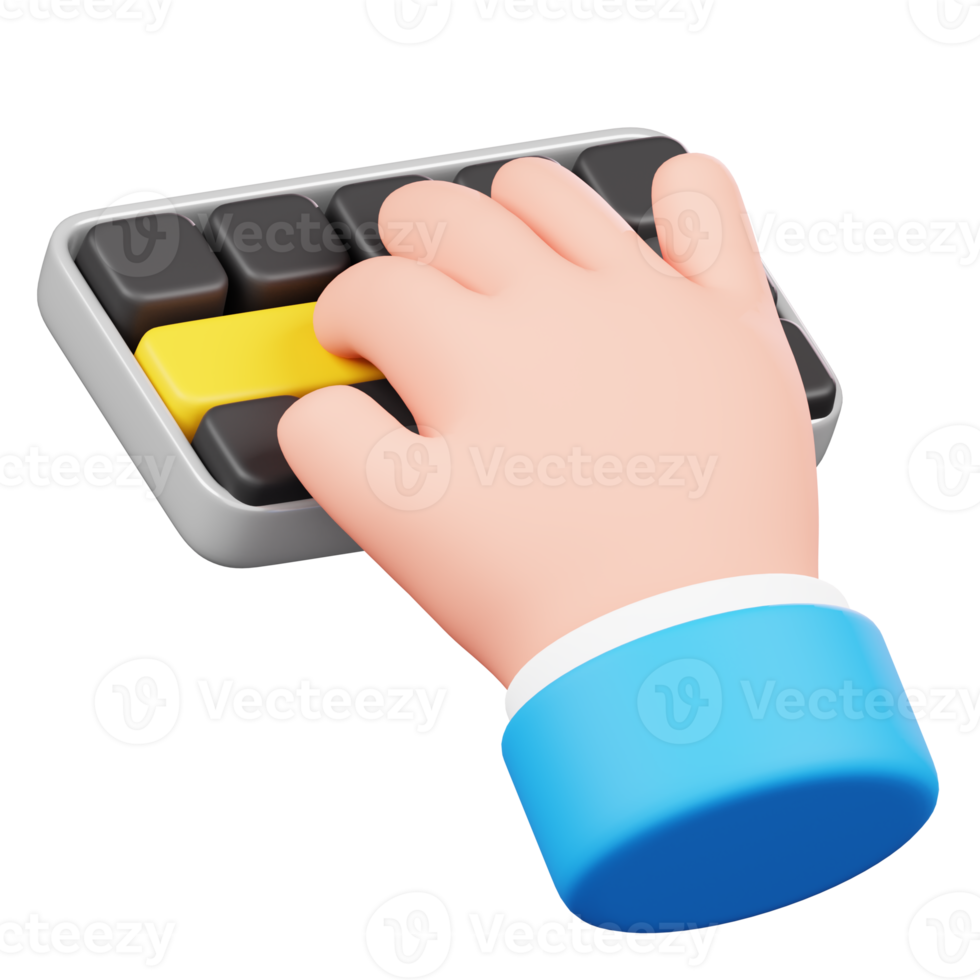 Hand typing on keyboard isolated. Human hand gesture cartoon icon. 3D Illustration. png