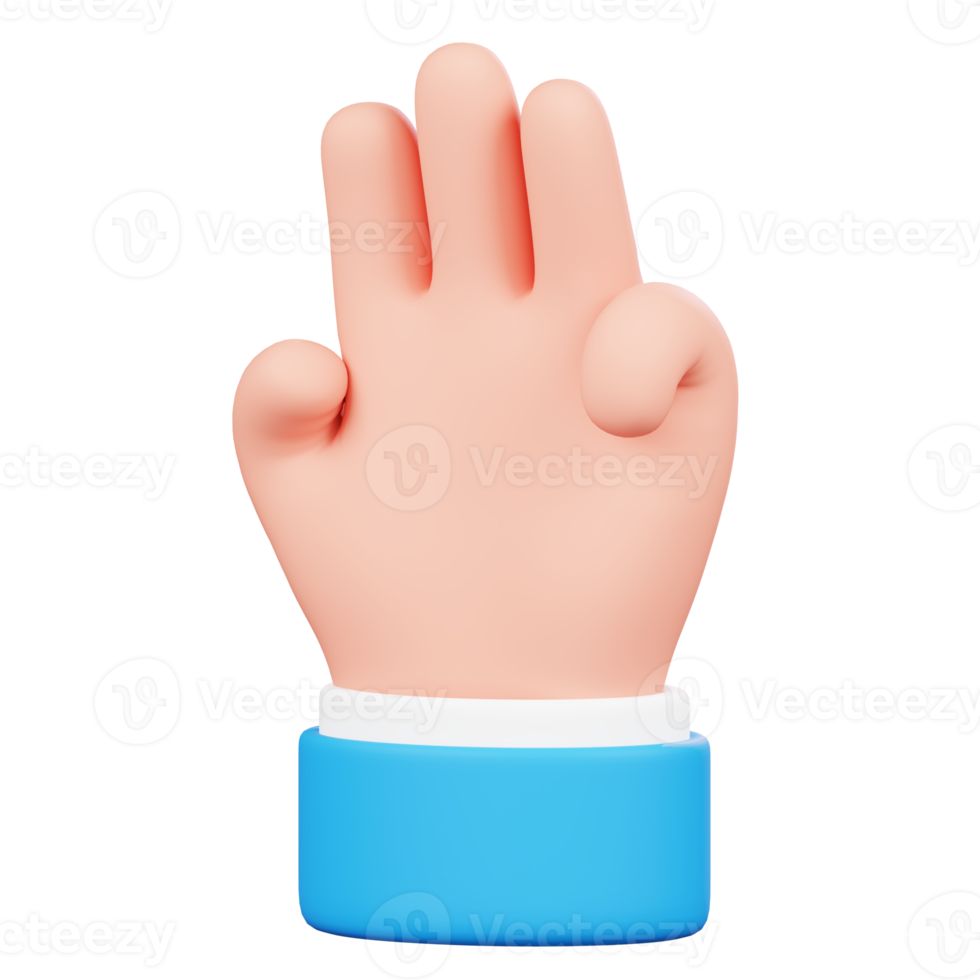 Number three hand gesture isolated. Human counting fingers cartoon 3D illustration. png