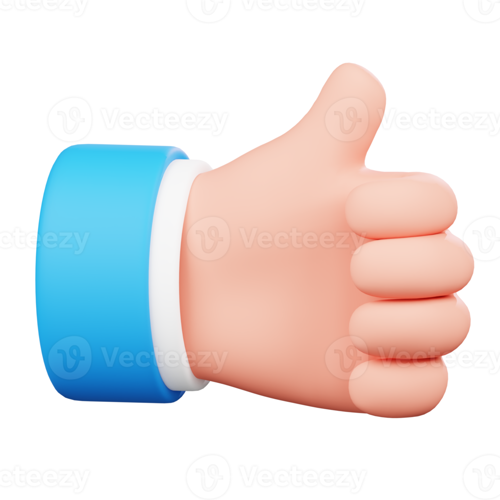 Thumps up or Like hand isolated. Human hand gesture cartoon icon. 3D Illustration. png