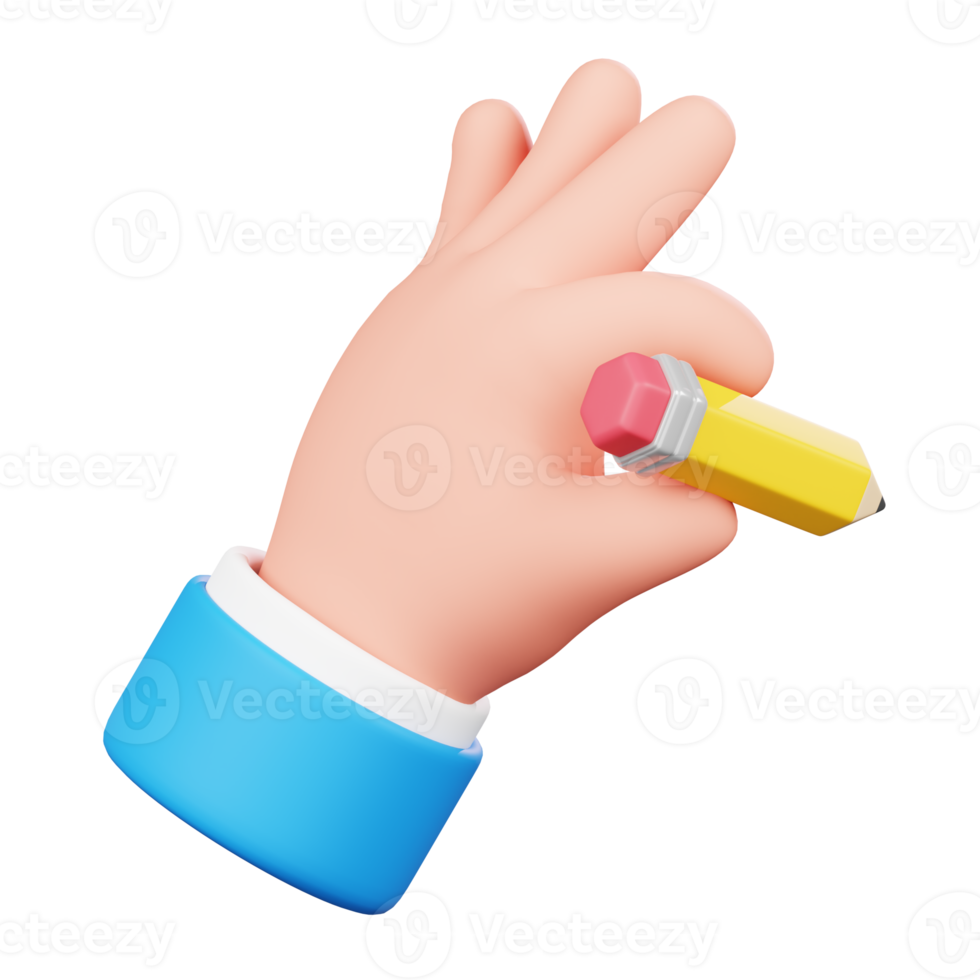 Hand holding pencil isolated. Human hand gesture cartoon icon. 3D Illustration. png