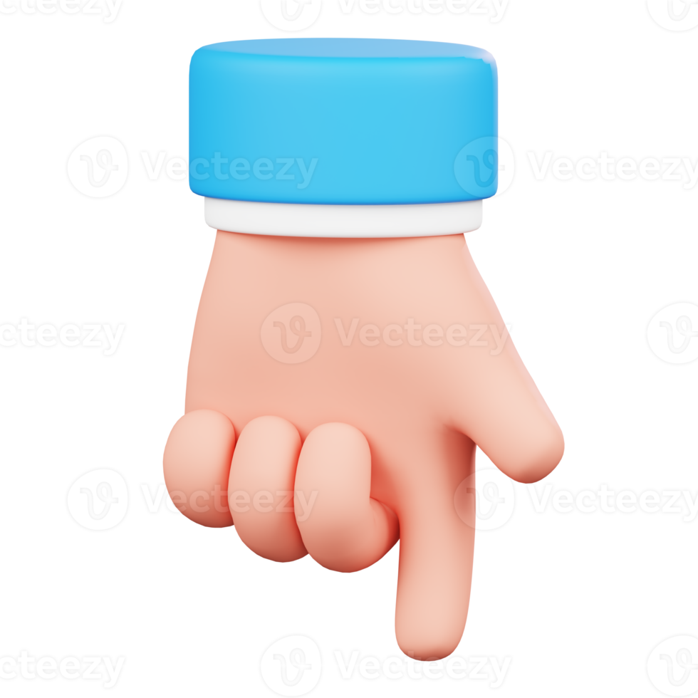 Down direction hand isolated. Human hand gesture cartoon icon. 3D Illustration. png