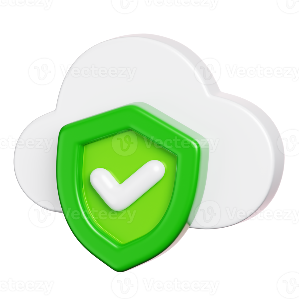 Cloud data with protection shield isolated. Computer network security icon. 3D illustration png