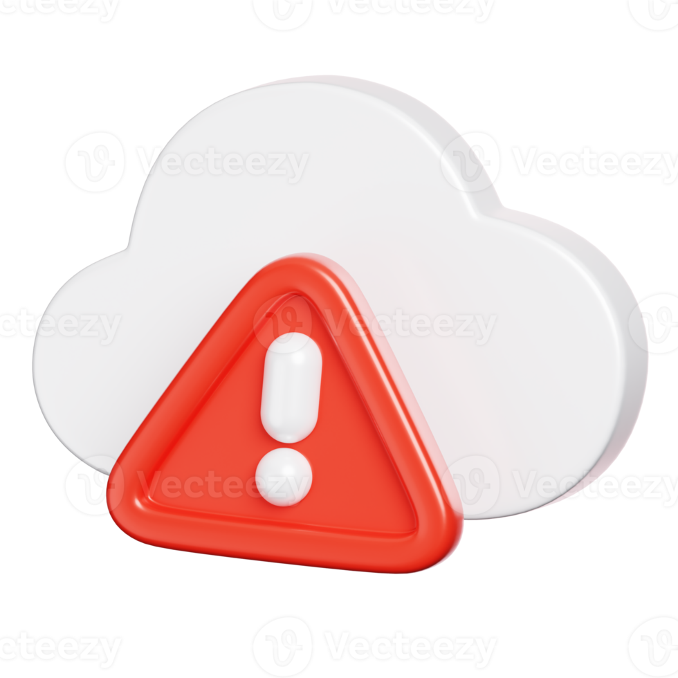 Cloud data with alert warning sign isolated. Computer network and cyber security icon. 3D illustration png