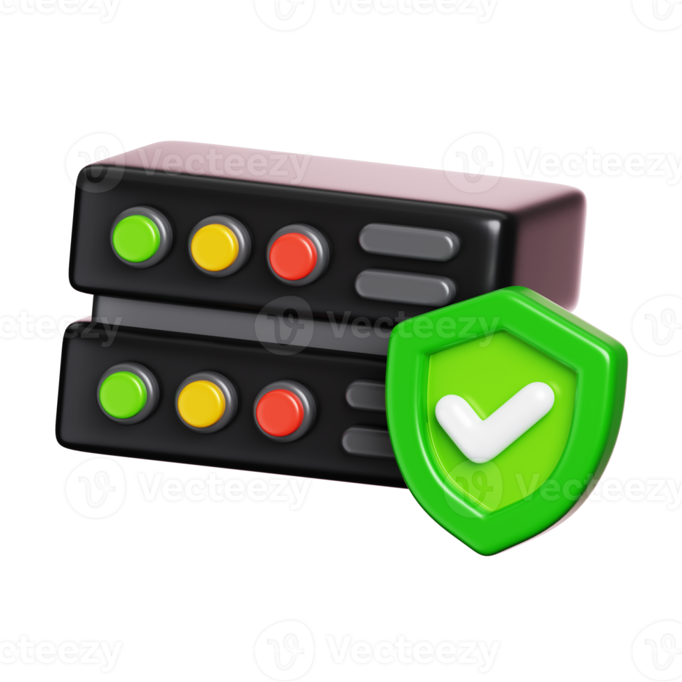 Database storage server protection with shield and check mark. Computer network and cyber security icon. 3D illustration png