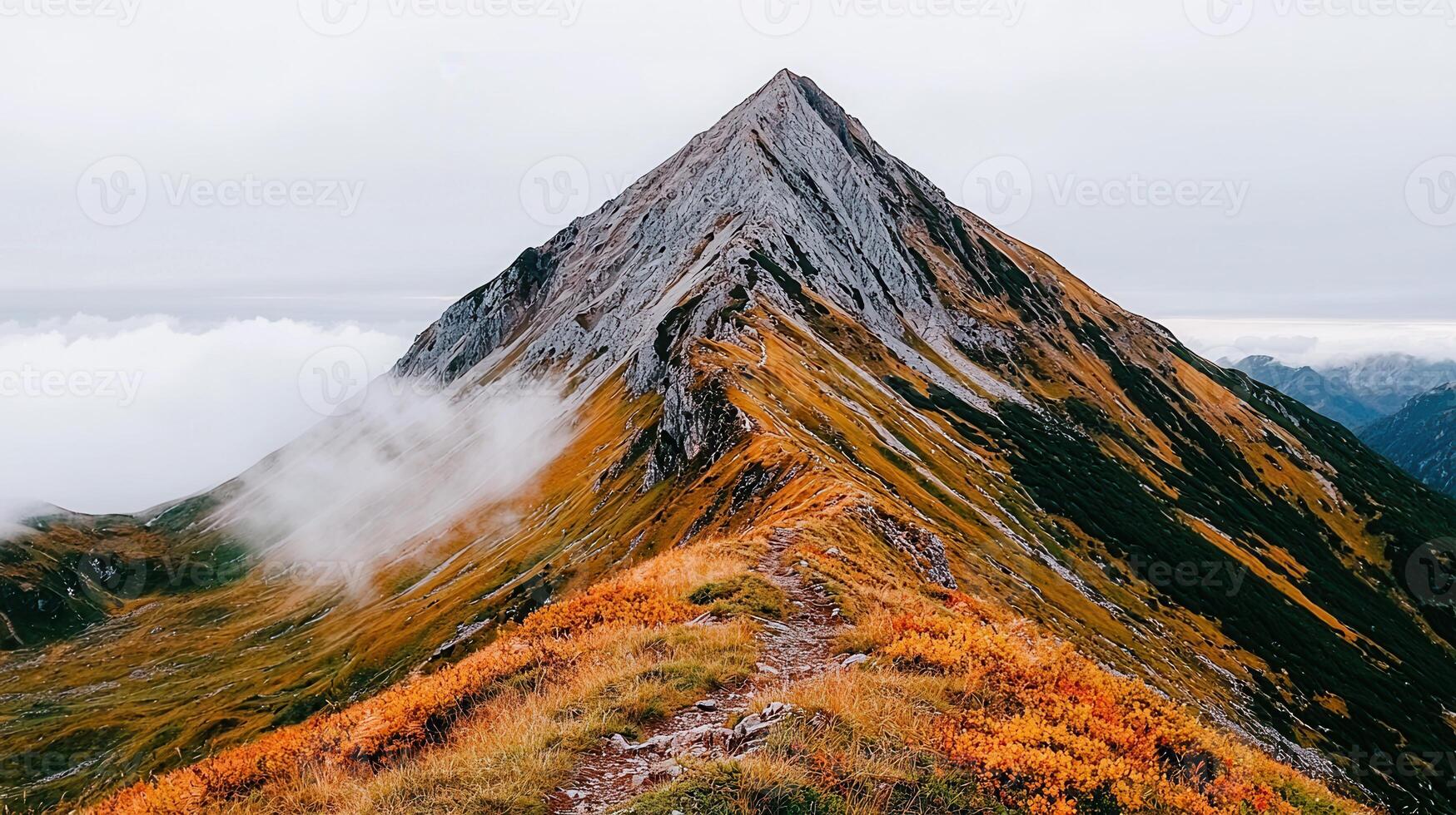 Majestic Mountain Peak Trail Autumnal Colors Foggy Landscape Photography photo