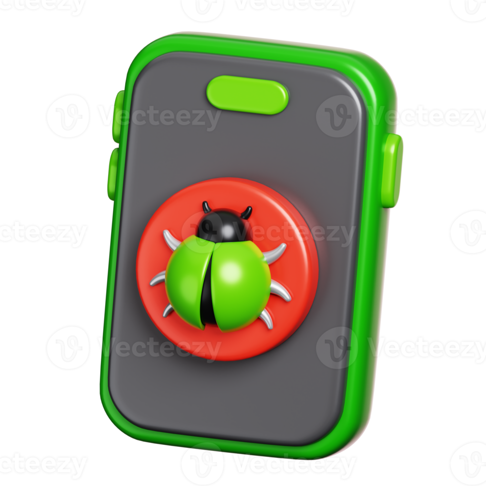 Virus bug infection sign on the smartphone screen. Mobile phone security icon. 3D illustration png