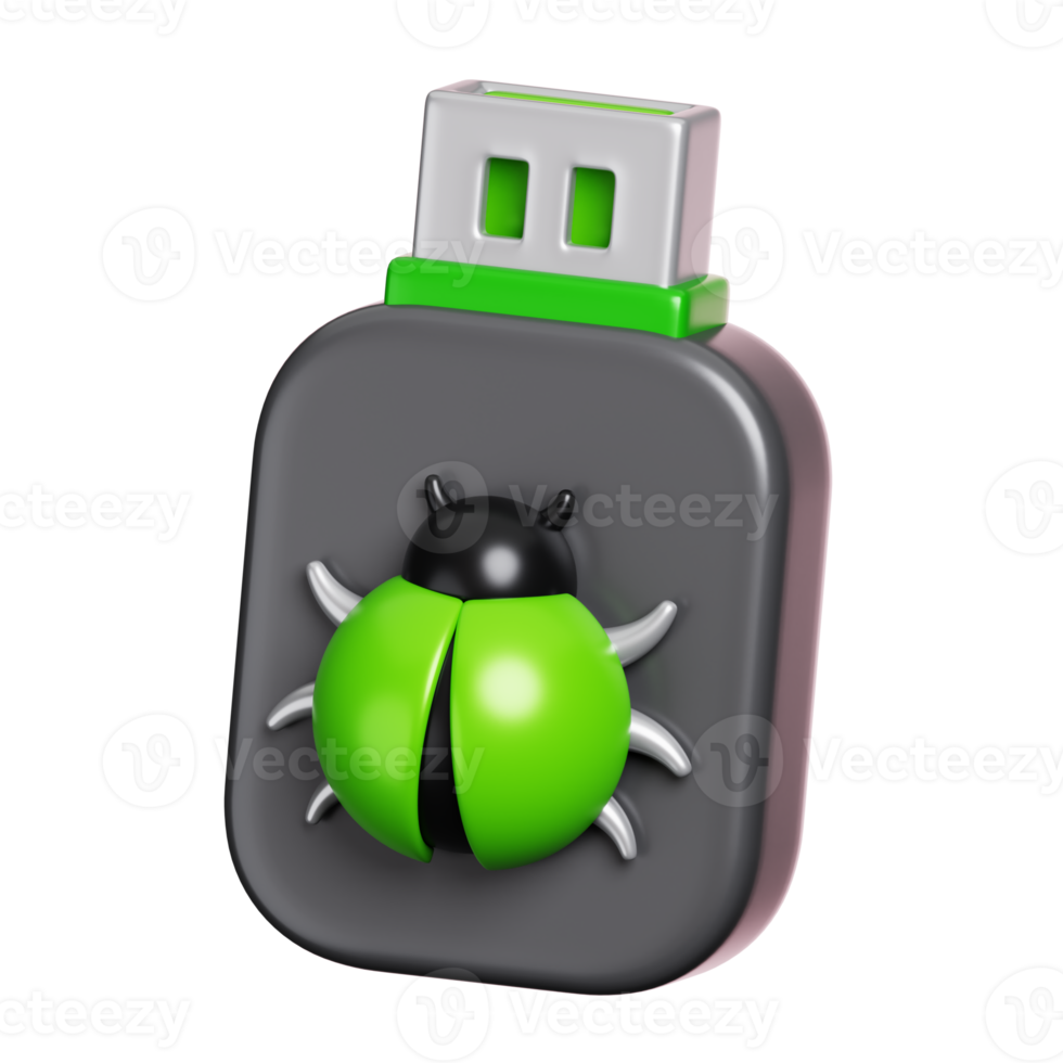 USB flash drive with virus bug icon isolated. Computer device security icon. 3D illustration png