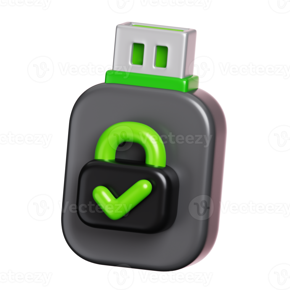 USB flash drive with closed padlock icon isolated. Computer device security icon. 3D illustration png