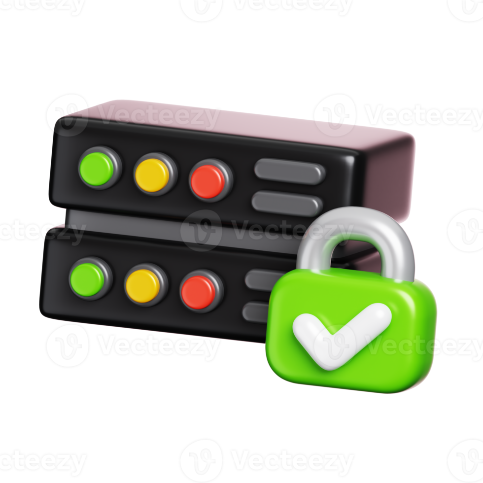 Database storage server protection with security padlock sign. Computer network and cyber security icon. 3D illustration png
