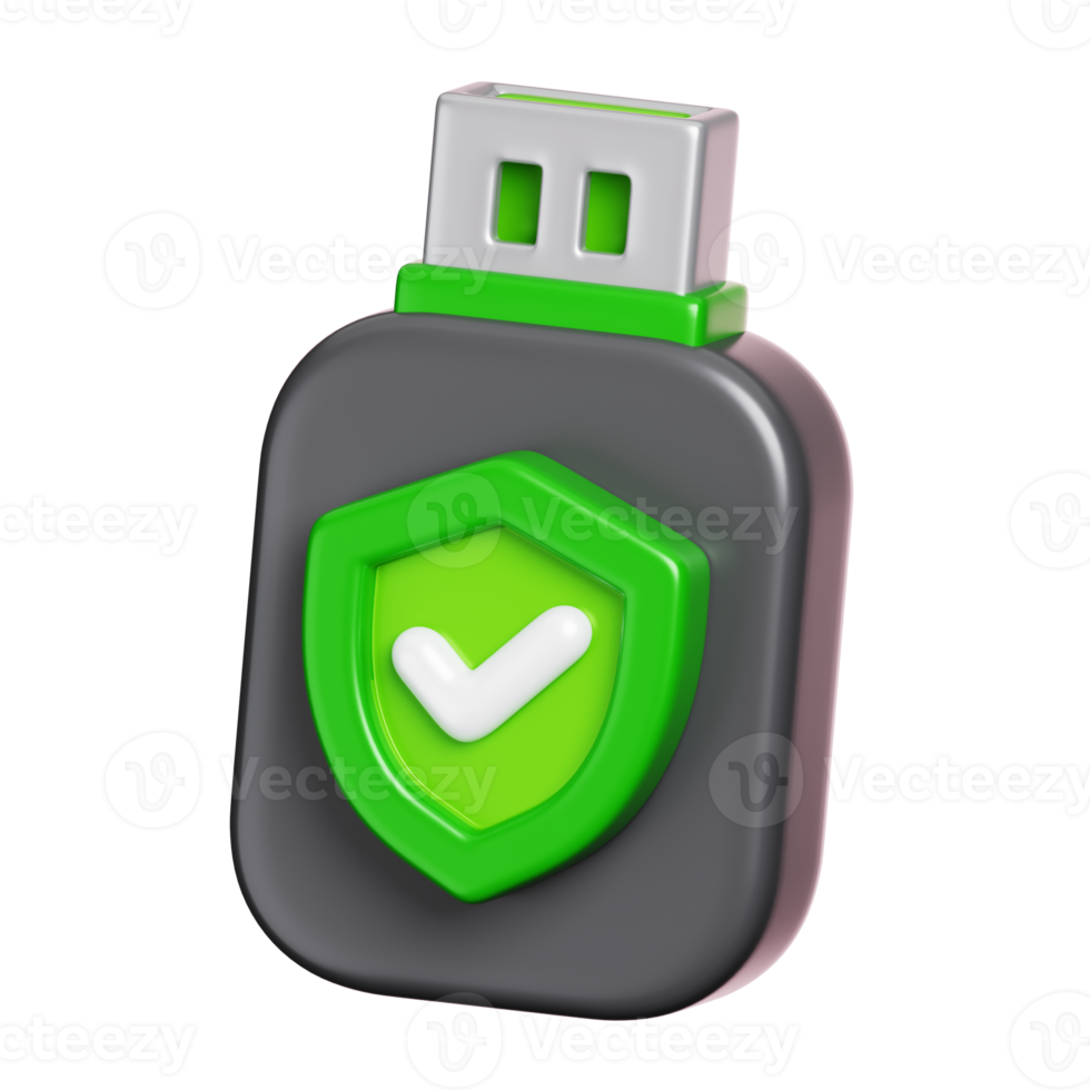USB flash drive with protection shield icon isolated. Computer device security icon. 3D illustration png