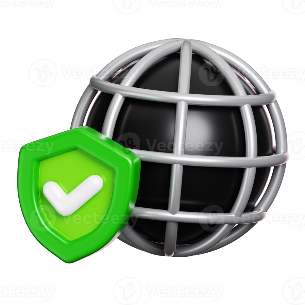 Web browser with protection shield and check mark isolated. Computer network security icon. 3D illustration png
