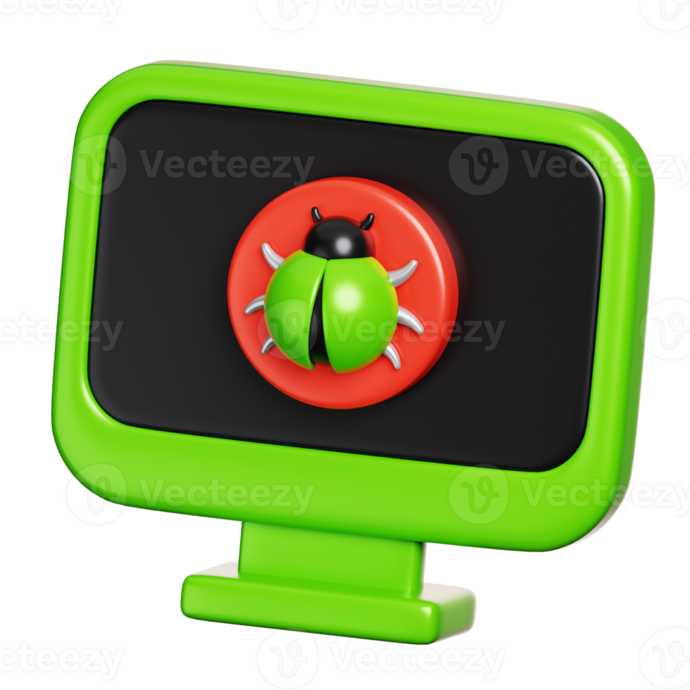 Computer screen displays with virus bug infection sign. Computer network and cyber security icon. 3D illustration png