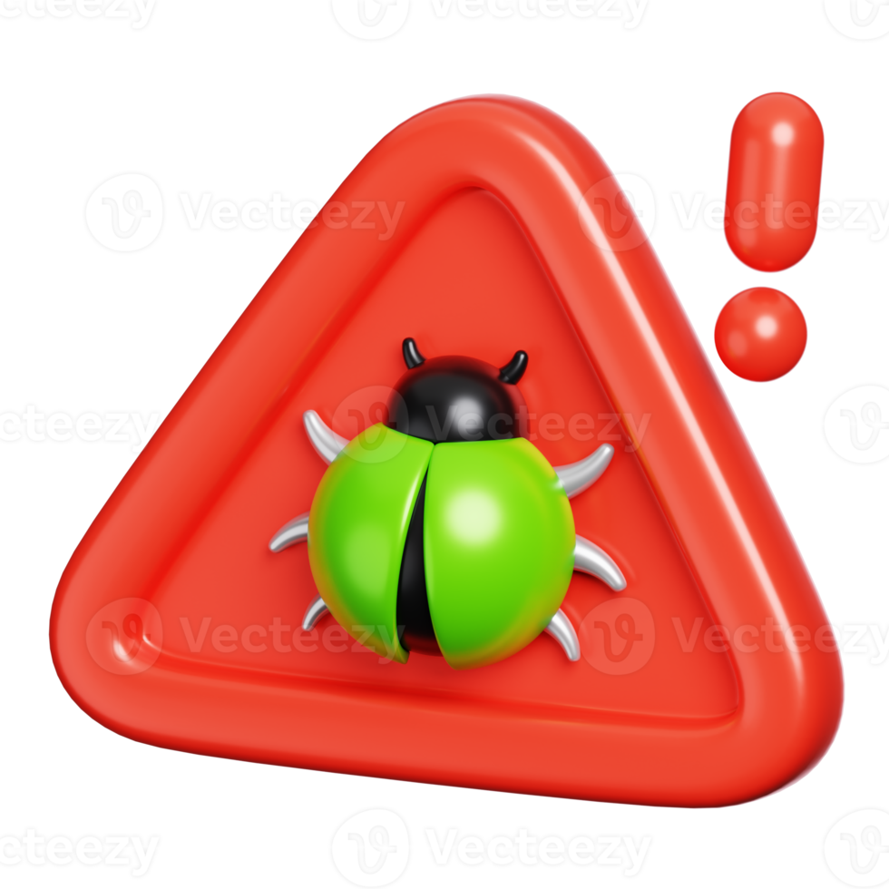 Bug on error alert warning sign isolated Computer network security icon 3D illustration png