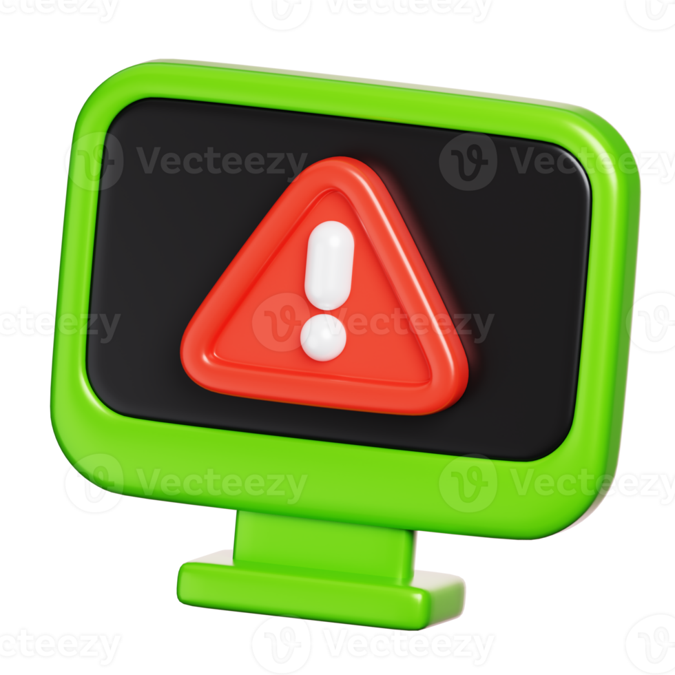 Computer screen displays with caution, attention, warning, error, alert sign. Computer network and cyber security icon. 3D illustration png