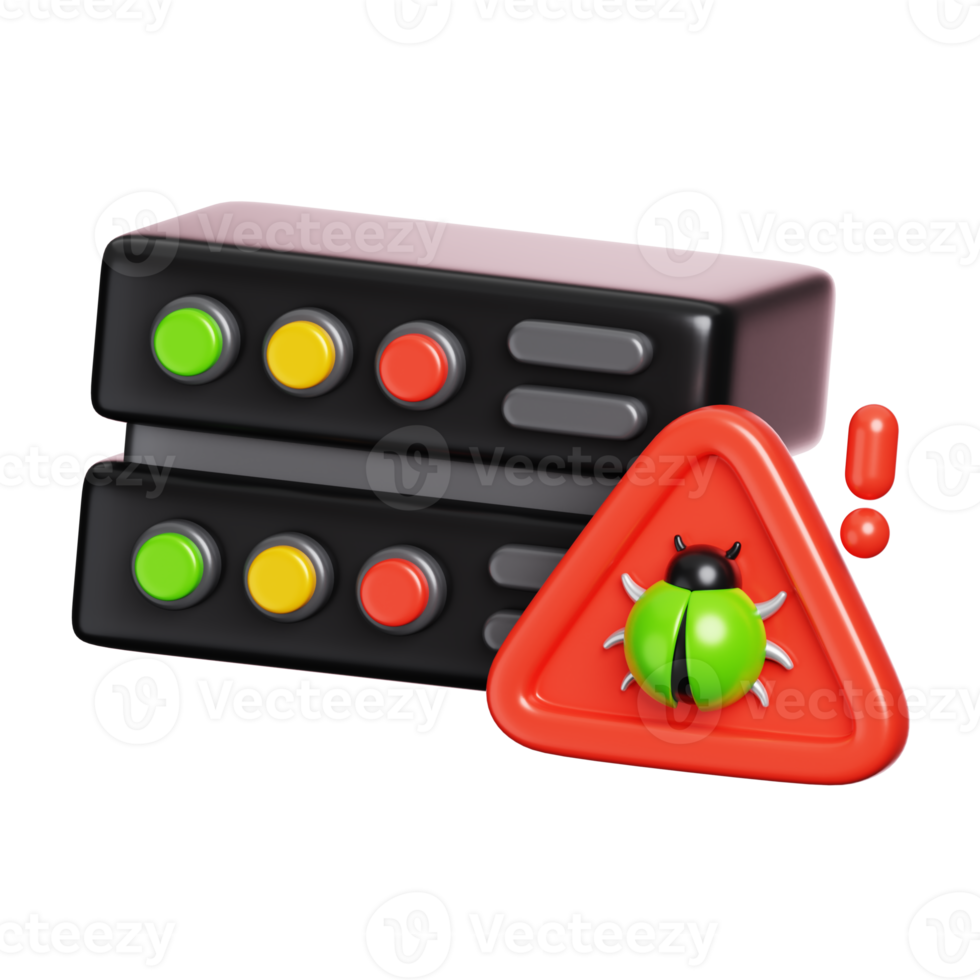 Database storage server with virus bug on alert warning sign. Computer network and cyber security icon. 3D illustration png