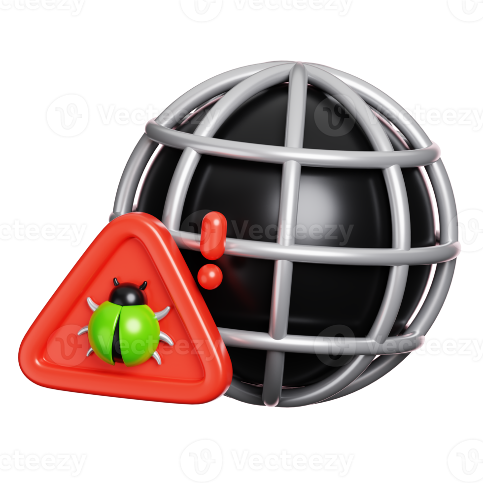Web browser with virus bug on alert warning sign isolated. Computer network security icon. 3D illustration png