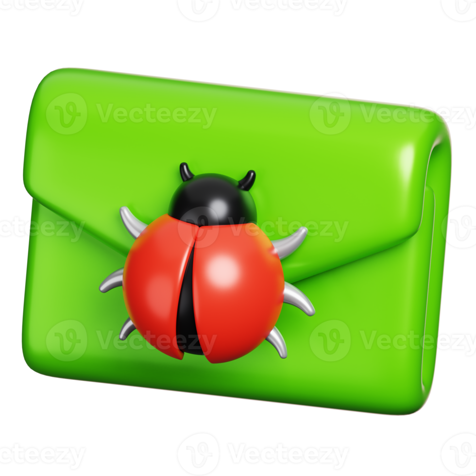 Spam alert with virus bug on email warning isolated. Computer network and cyber security icon. 3D illustration png