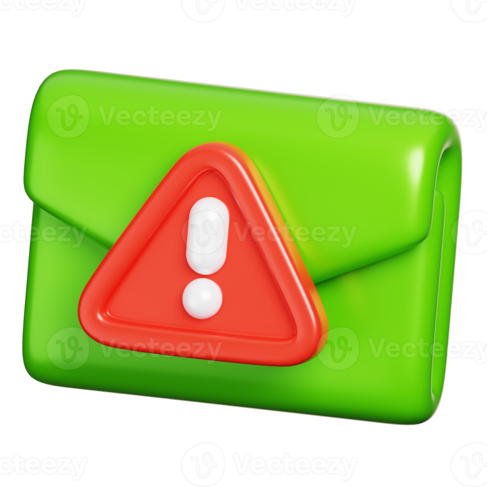 Spam alert email warning isolated. Envelope icon with exclamation mark. Computer network security icon. 3D illustration png