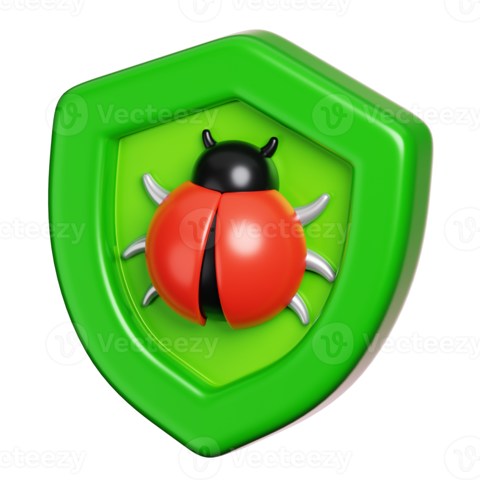 Protection shield with virus bug isolated. Computer network security icon. 3D illustration png