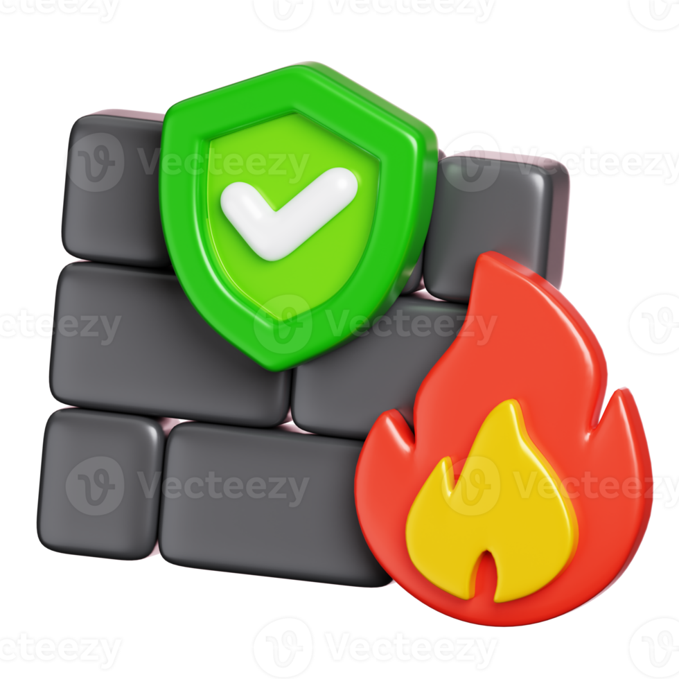 Firewall with protection shield and Fire isolated. Computer network security icon. 3D illustration png