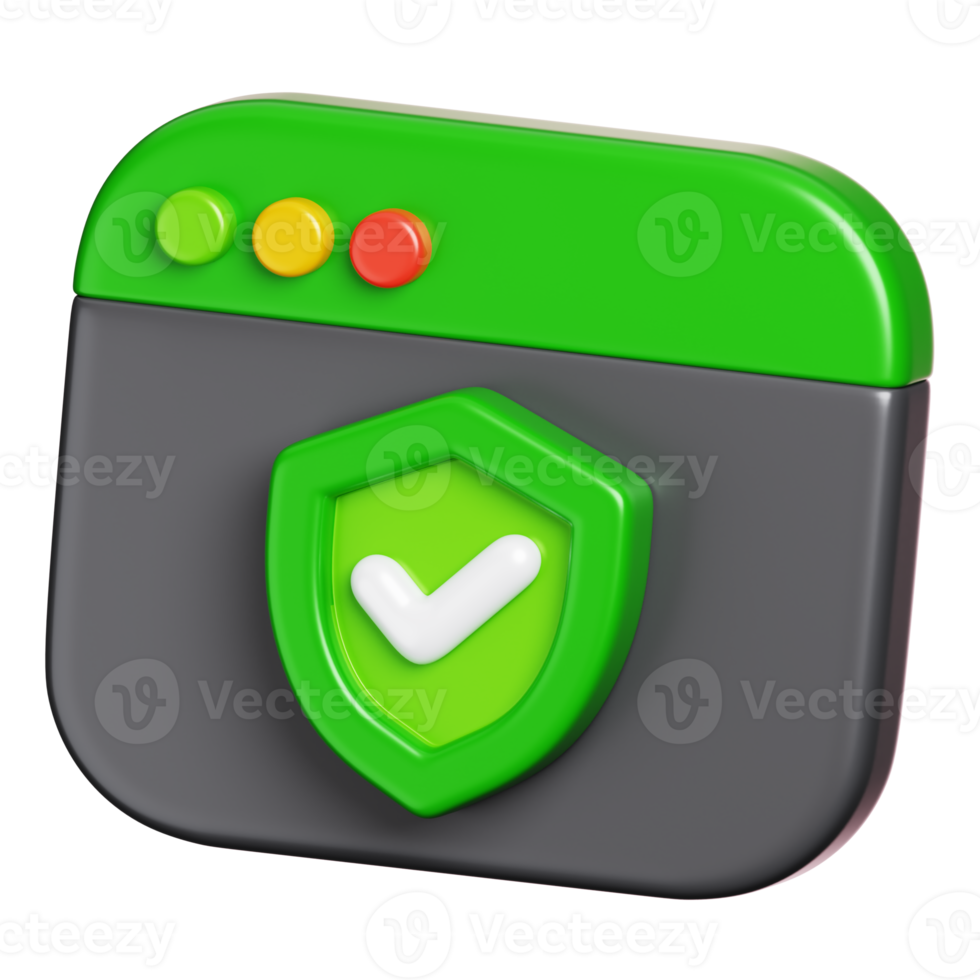 Approved site and browser isolated. Security shield checkmark on webpage. Network security icon. 3D illustration png
