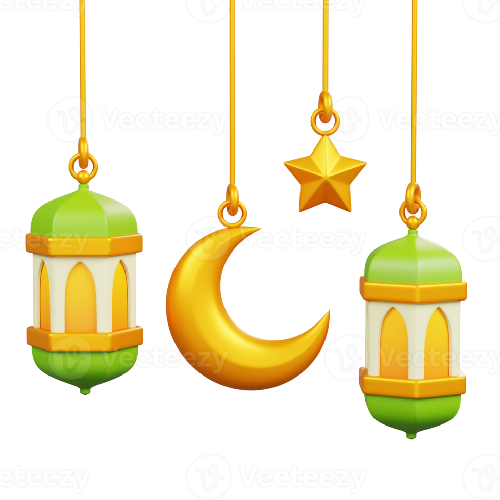 Arabic Lantern of Ramadan Celebration with Crescent Moon and Star Isolated. Ramadan Kareem Islamic Element Icon Concept. 3D illustration png