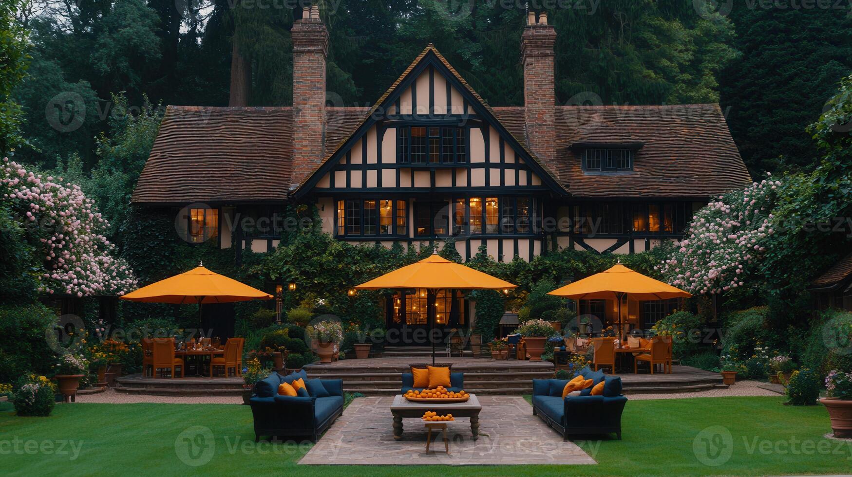 Luxurious Evening at a Tudor Style Mansion with Outdoor Patio and Orange Umbrellas photo