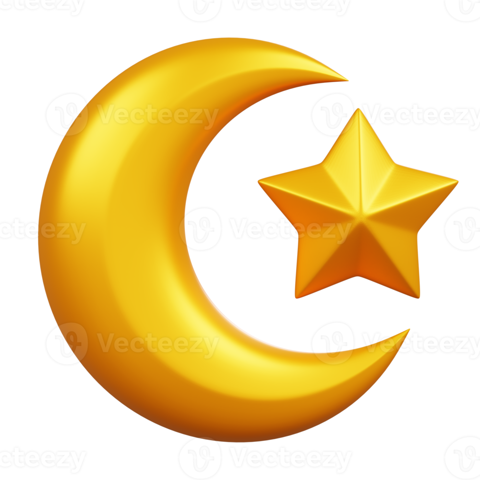 Golden half moon and Star isolated. Ramadan kareem Islamic element icon concept. 3D illustration png