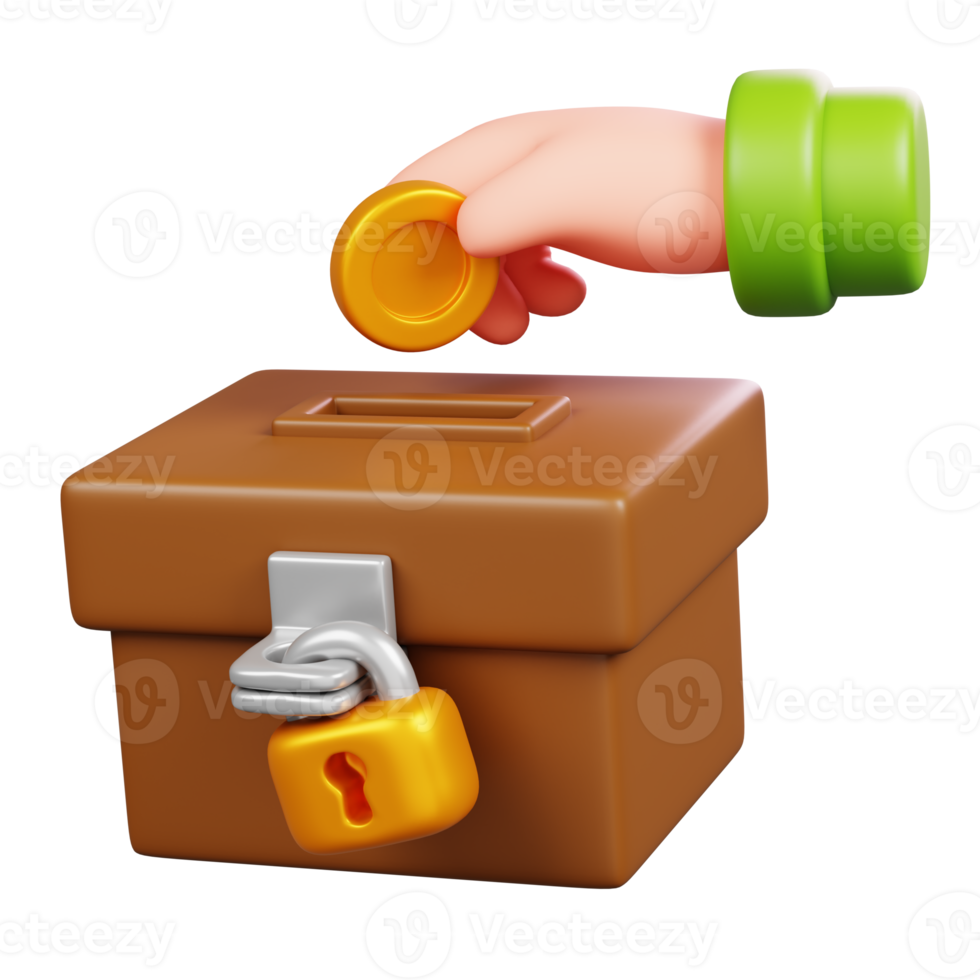 Hand give gold coin for charity with box isolated. Ramadan kareem Islamic element icon concept. 3D illustration png