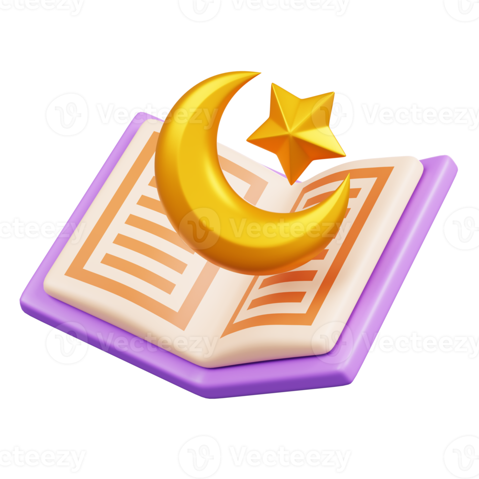 The holy al quran book opened with moon and star symbol Isolated. Ramadan kareem Islamic element icon concept. 3D illustration png
