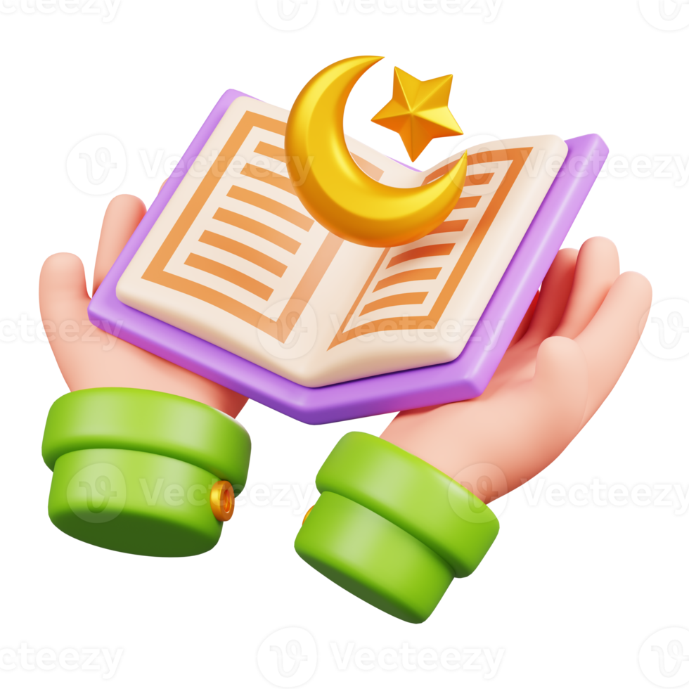 Hand holding the holy al quran book opened with moon and star symbol Isolated. Ramadan kareem islamic element icon concept. 3D illustration png