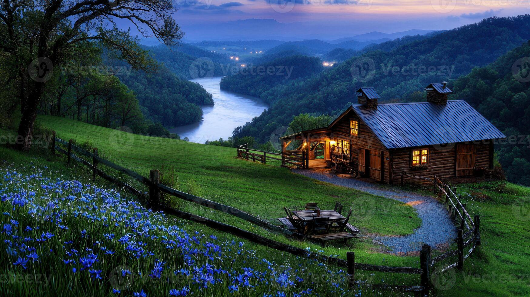 Secluded Log Cabin Retreat Overlooking Scenic River Valley at Dusk photo