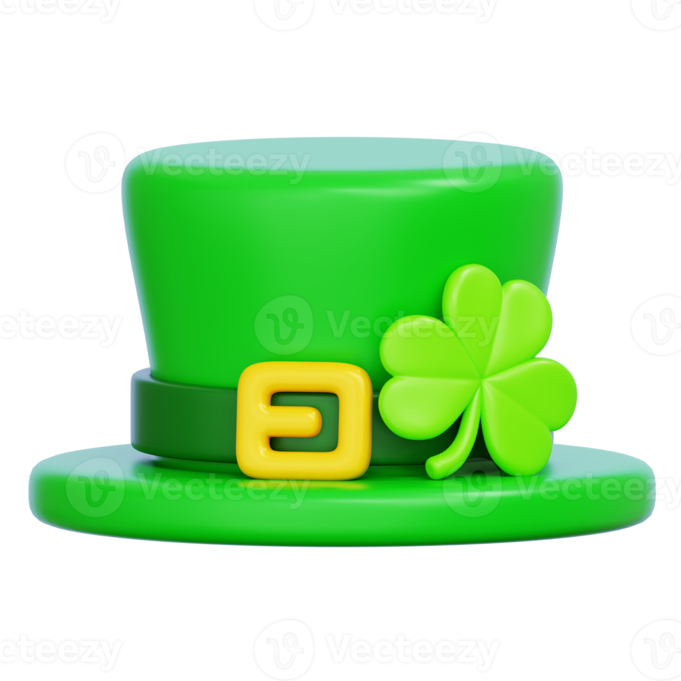 Green leprechaun hat with clover shamrock for St. Patrick's Day celebration icon. 3D Rendering png